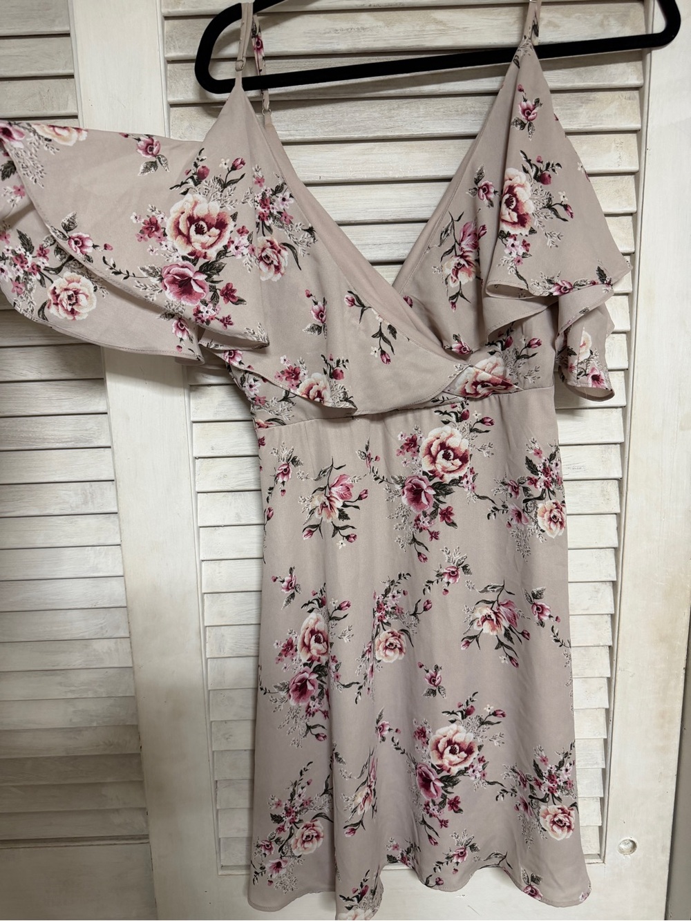 One-Shoulder Floral Ruffle Dress in Blush Taupe